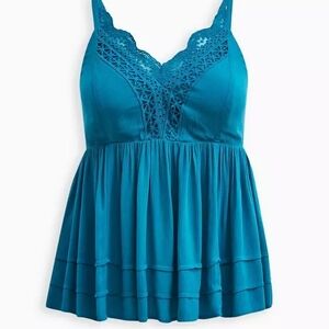 Teal Blue Crochet Babydoll Tank Top | Crinkle Gauze V-Neck Lace Detail Size 2